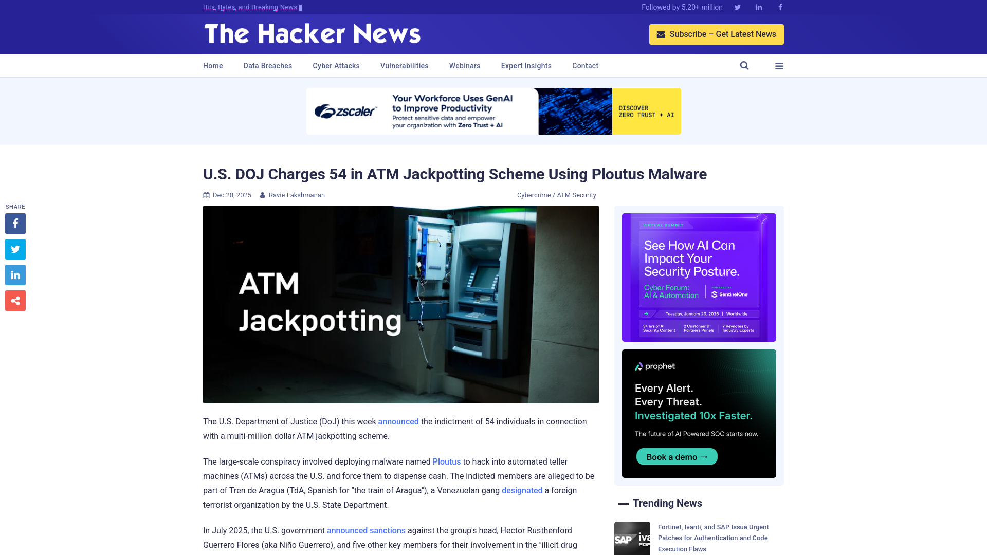 U.S. DOJ Charges 54 in ATM Jackpotting Scheme Using Ploutus Malware