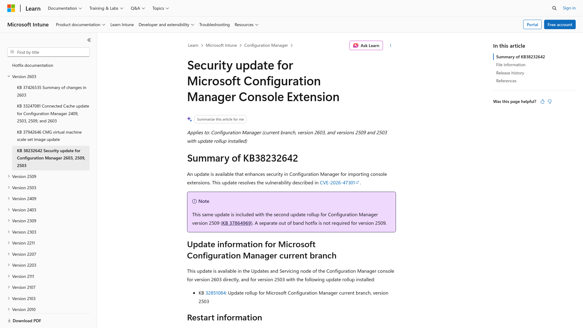 Security update for Microsoft Configuration Manager Console Extension - Configuration Manager | Microsoft Learn