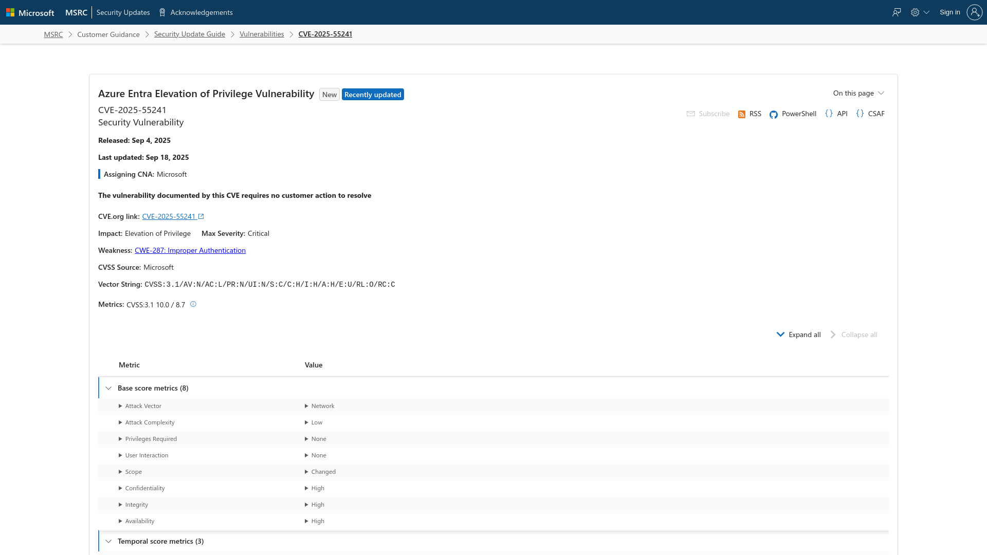 CVE-2025-55241 - Security Update Guide - Microsoft - Azure Entra Elevation of Privilege Vulnerability