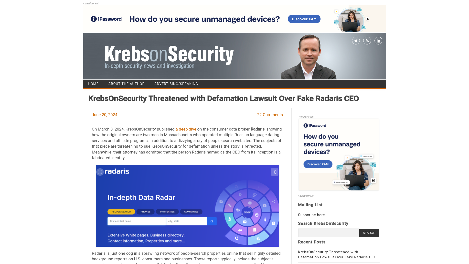 KrebsOnSecurity Threatened with Defamation Lawsuit Over Fake Radaris CEO – Krebs on Security