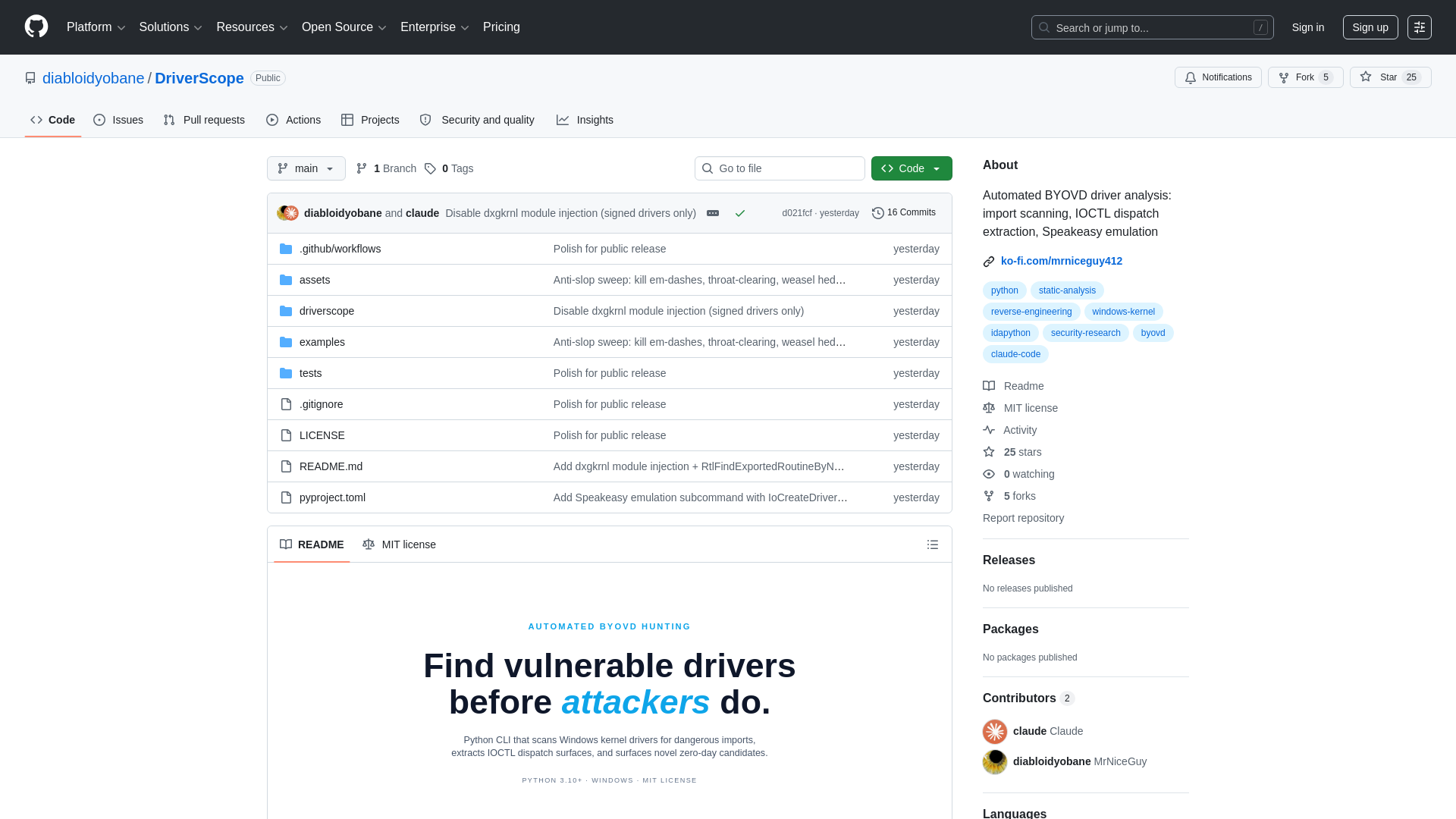 GitHub - diabloidyobane/DriverScope: Automated BYOVD driver analysis: import scanning, IOCTL dispatch extraction, Speakeasy emulation · GitHub