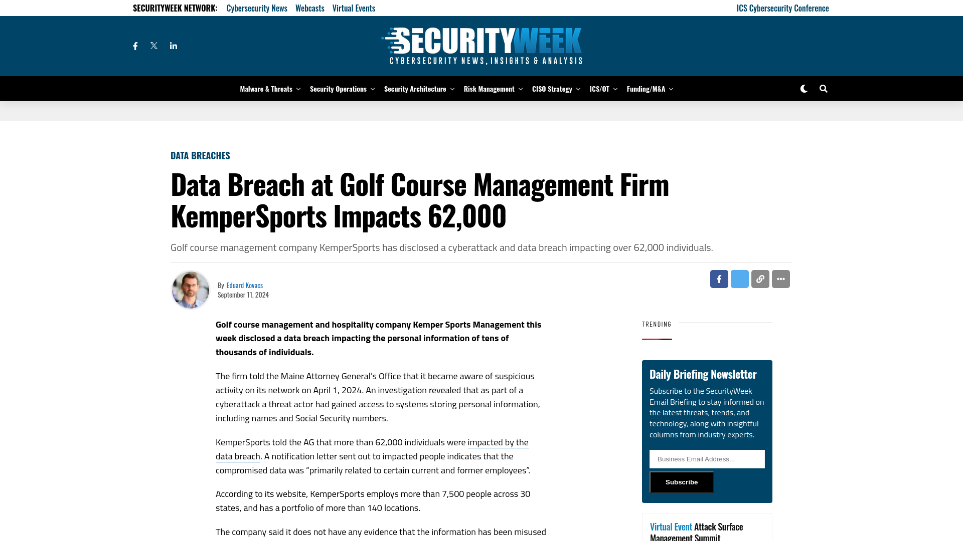 Data Breach at Golf Course Management Firm KemperSports Impacts 62,000 - SecurityWeek