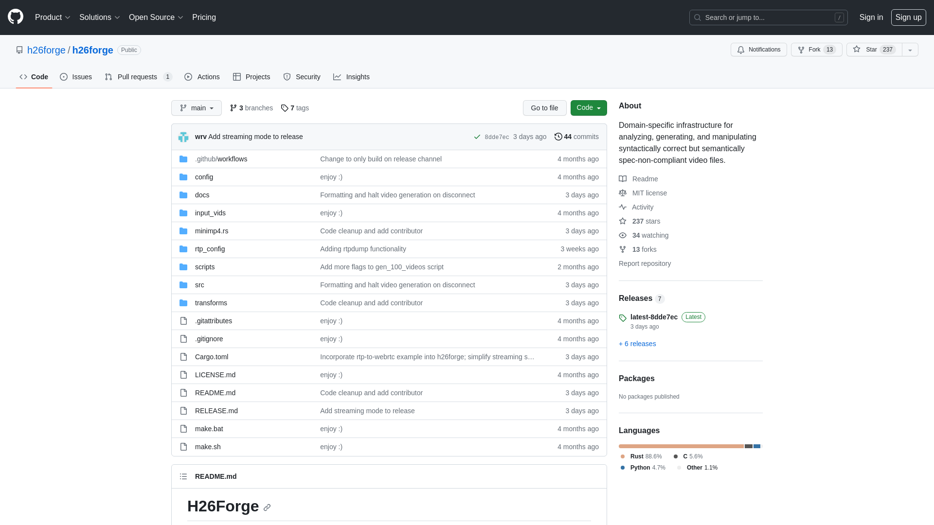 GitHub - h26forge/h26forge: Domain-specific infrastructure for analyzing, generating, and manipulating syntactically correct but semantically spec-non-compliant video files.