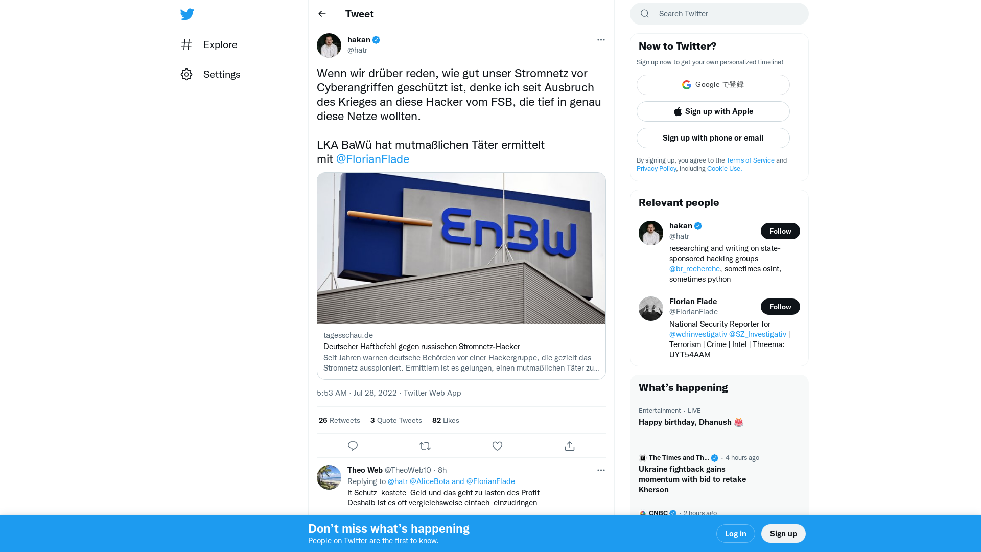 hakan on Twitter: "Wenn wir drüber reden, wie gut unser Stromnetz vor Cyberangriffen geschützt ist, denke ich seit Ausbruch des Krieges an diese Hacker vom FSB, die tief in genau diese Netze wollten. LKA BaWü hat mutmaßlichen Täter ermittelt mit @FlorianFlade https://t.co/NHq3HqaOKZ" / Twitter