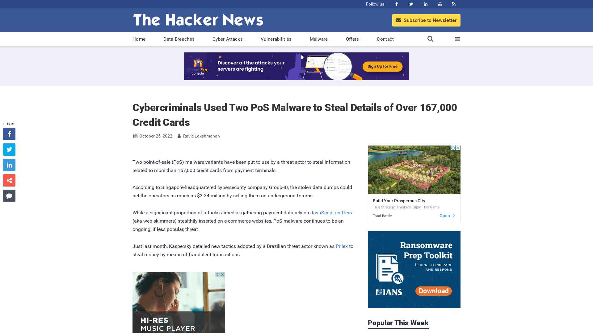 Cybercriminals Used Two PoS Malware to Steal Details of Over 167,000 Credit Cards