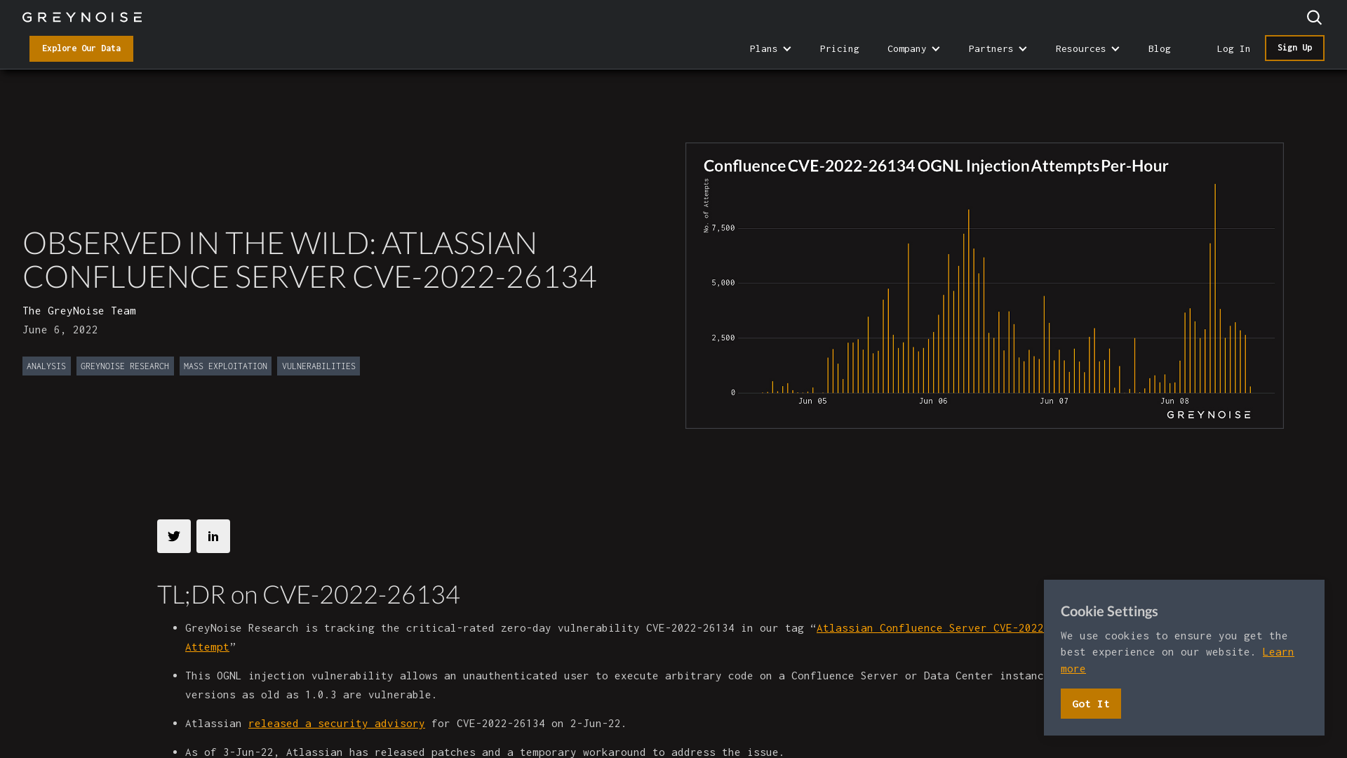Get the latest GreyNoise research on Confluence CVE-2022-26134