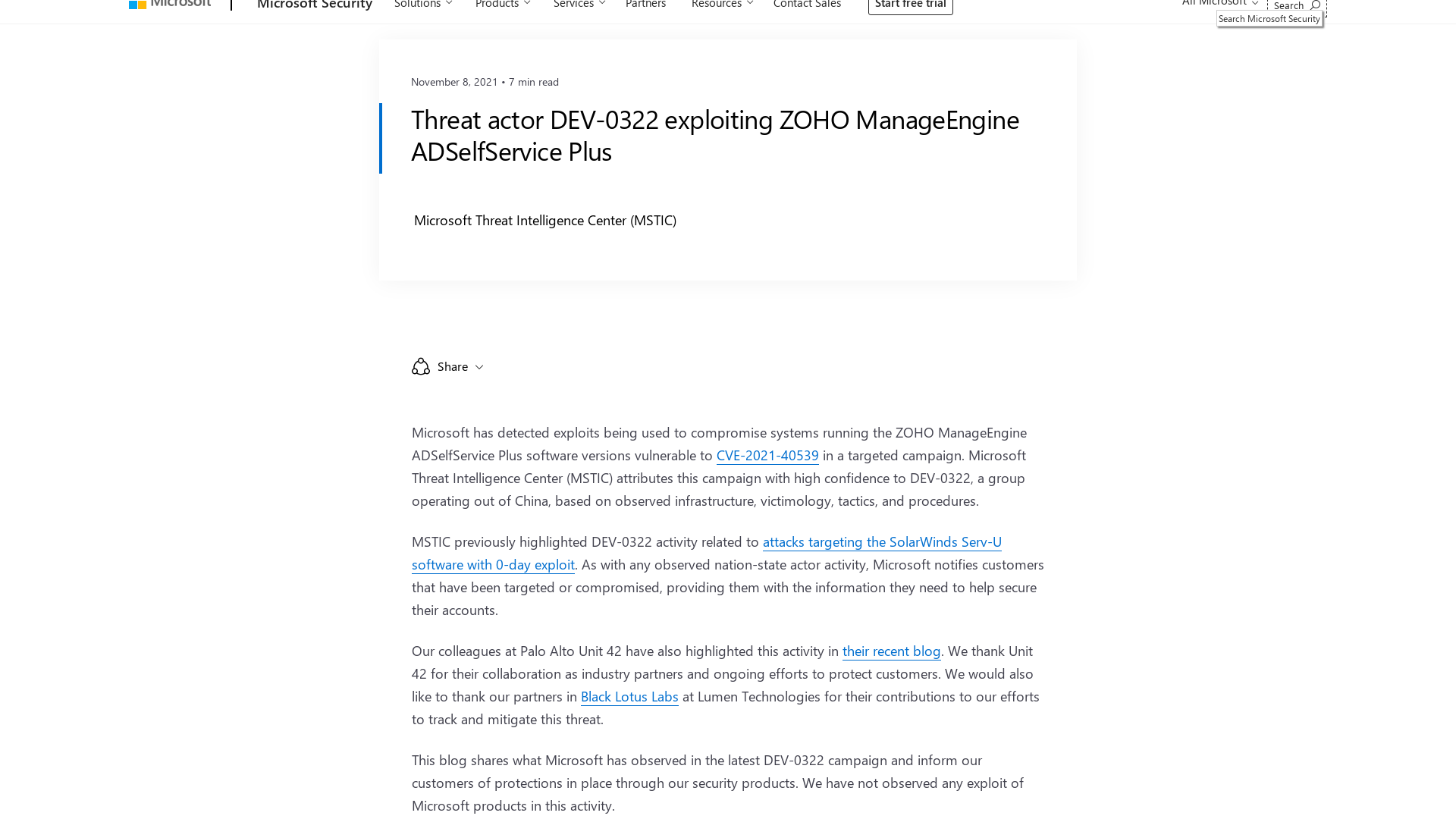 Threat actor DEV-0322 exploiting ZOHO ManageEngine ADSelfService Plus - Microsoft Security Blog