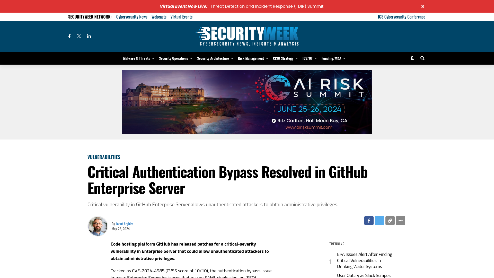 Critical Authentication Bypass Resolved in GitHub Enterprise Server - SecurityWeek