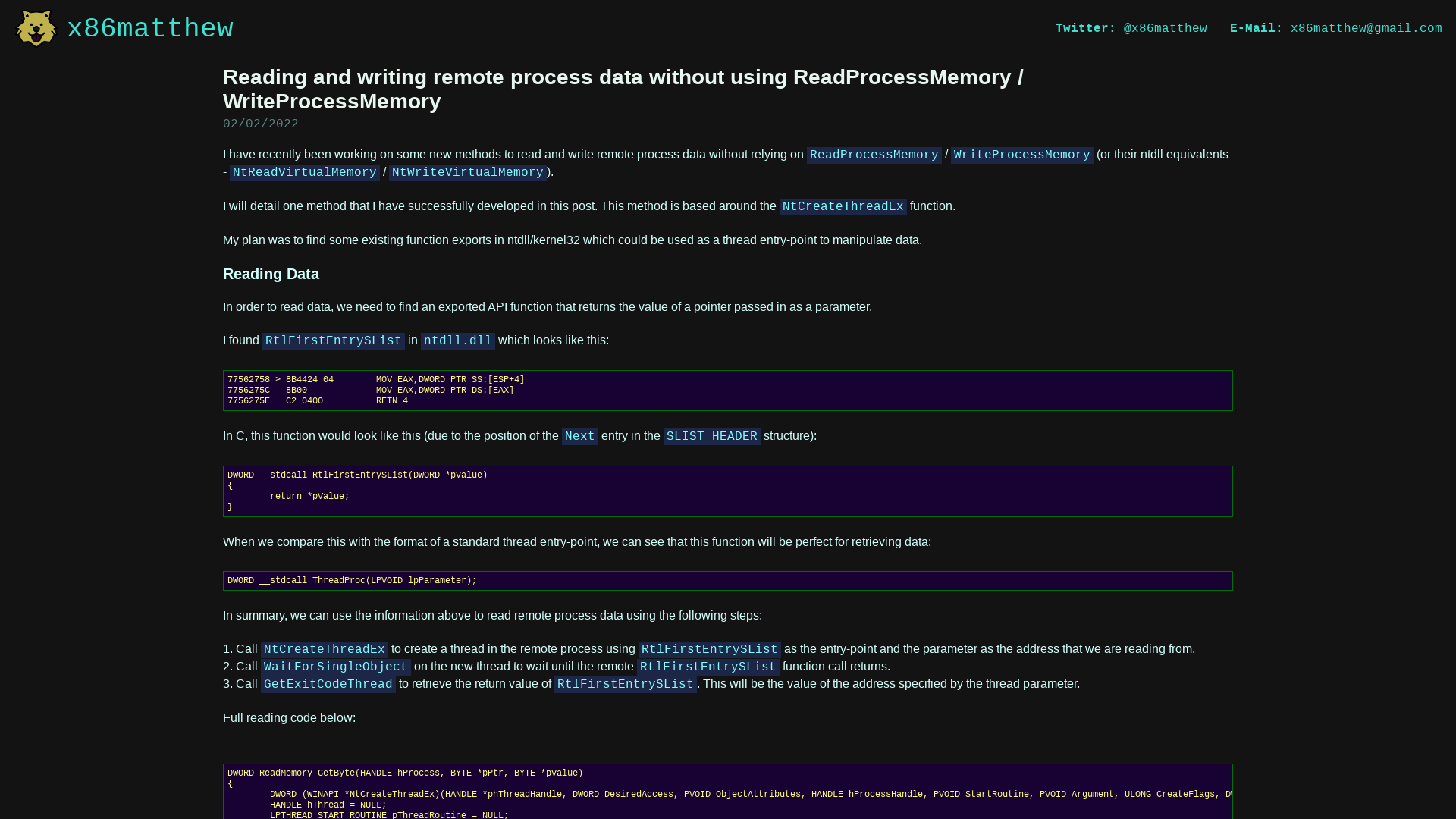 x86matthew - Reading and writing remote process data without using ReadProcessMemory / WriteProcessMemory