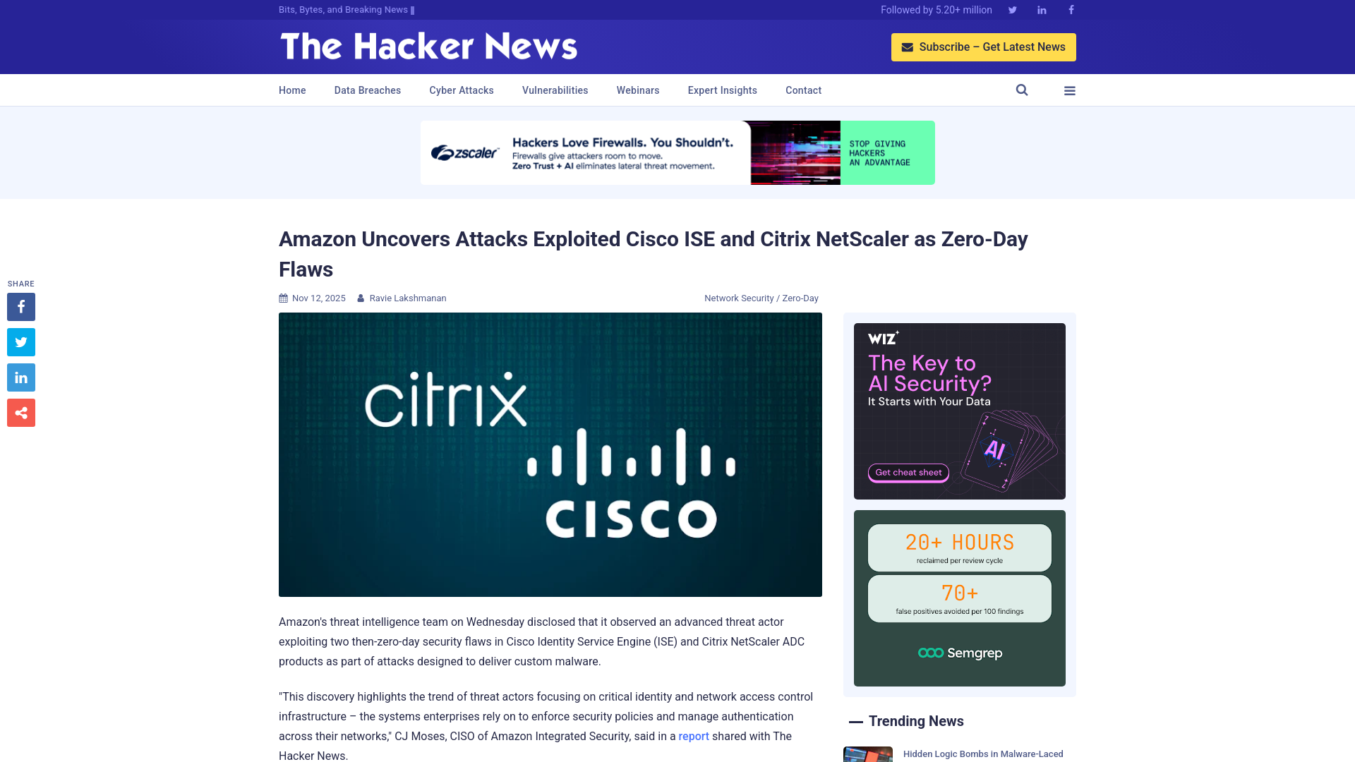 Amazon Uncovers Attacks Exploited Cisco ISE and Citrix NetScaler as Zero-Day Flaws
