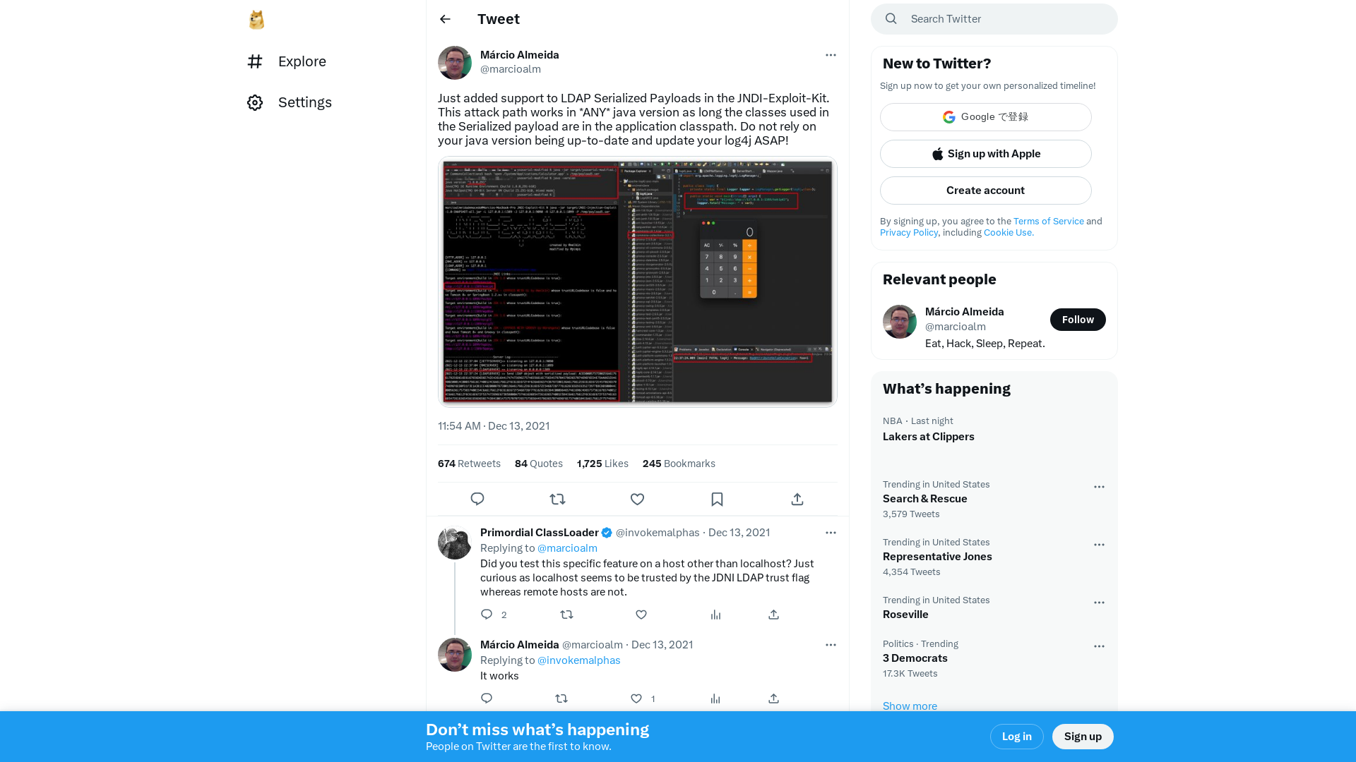 Márcio Almeida on Twitter: "Just added support to LDAP Serialized Payloads in the JNDI-Exploit-Kit. This attack path works in *ANY* java version as long the classes used in the Serialized payload are in the application classpath. Do not rely on your java version being up-to-date and update your log4j ASAP! https://t.co/z3B2UolisR" / Twitter