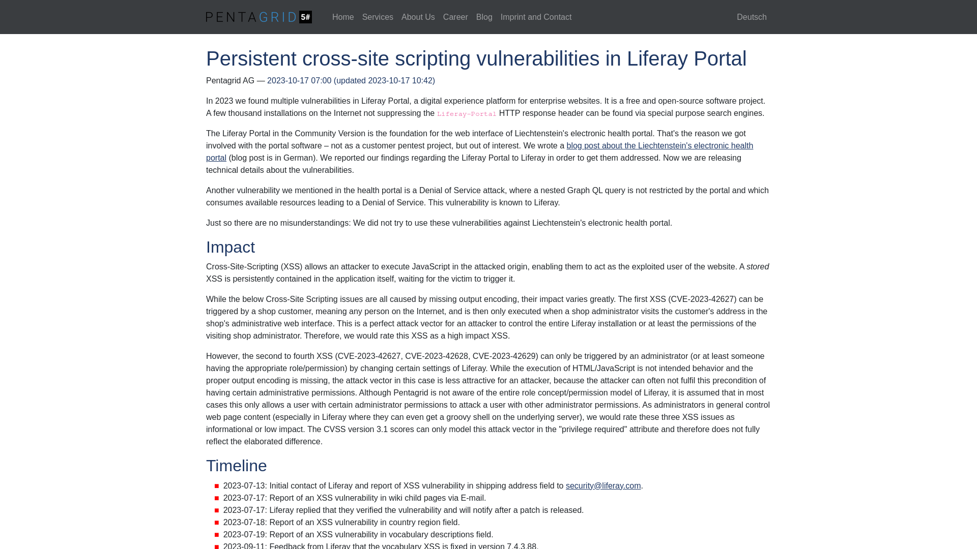 Persistent cross-site scripting vulnerabilities in Liferay Portal | Pentagrid AG