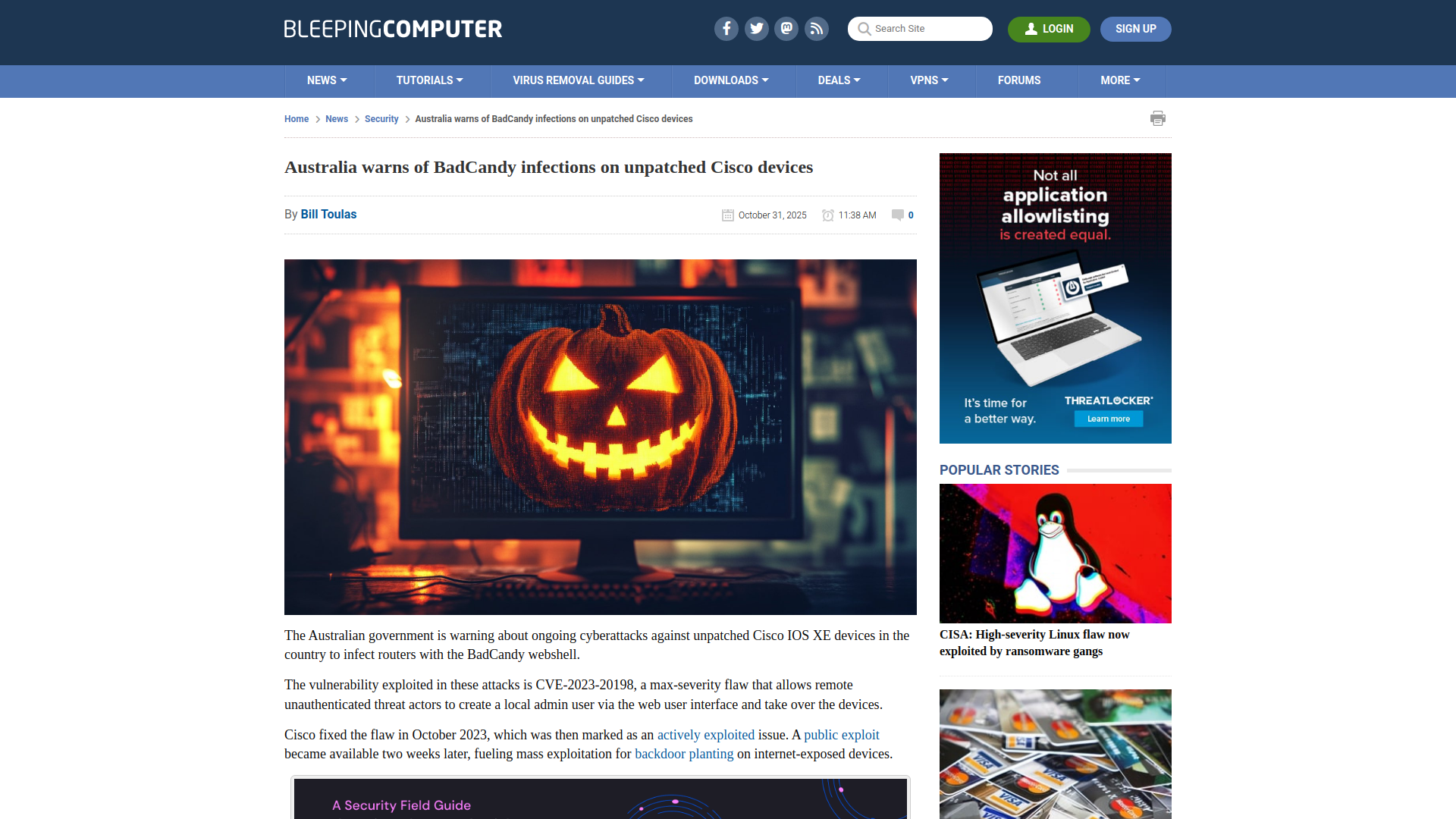 Australia warns of BadCandy infections on unpatched Cisco devices