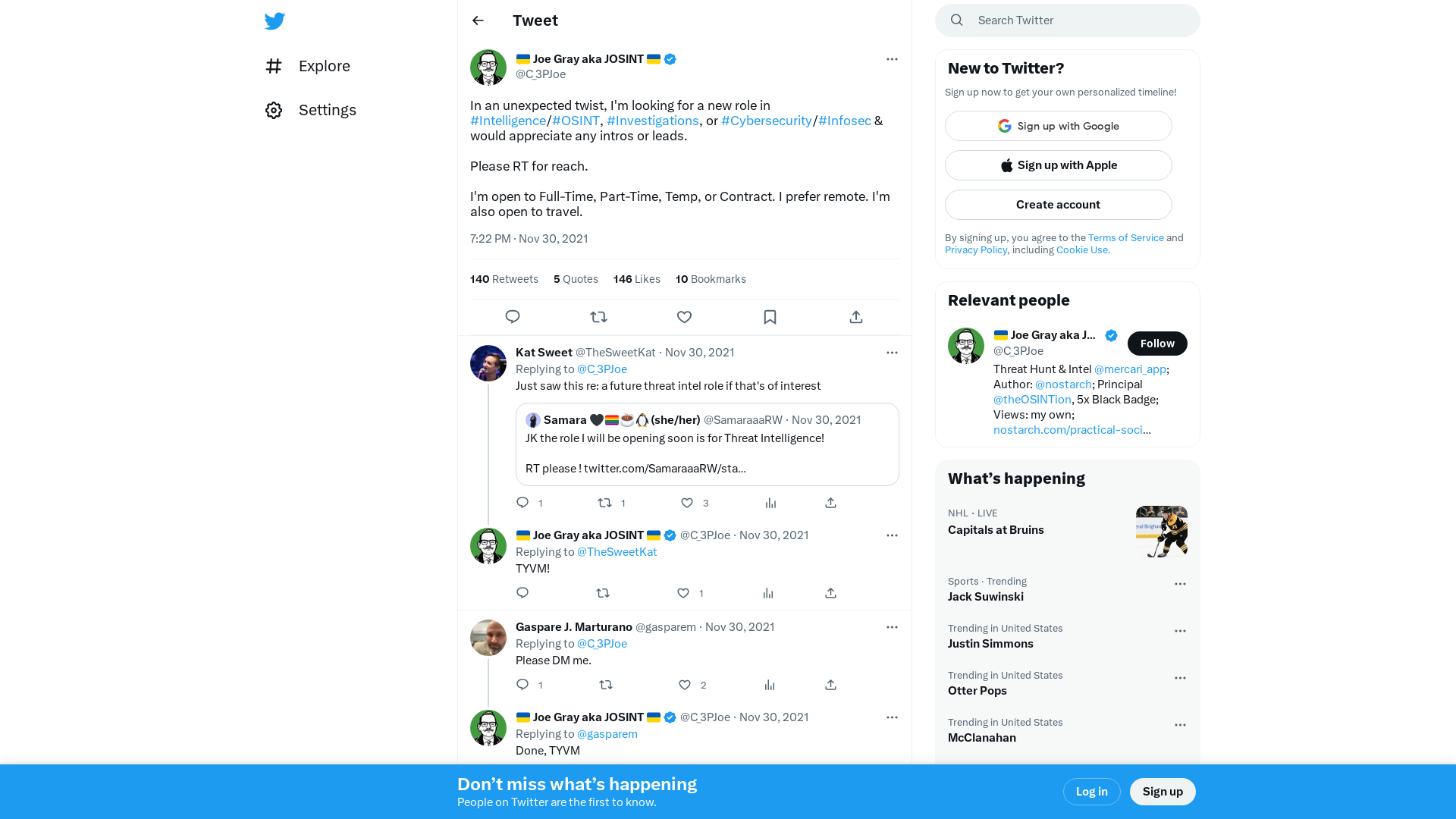 🇺🇦 Joe Gray aka JOSINT 🇺🇦 on Twitter: "In an unexpected twist, I'm looking for a new role in #Intelligence/#OSINT, #Investigations, or #Cybersecurity/#Infosec &amp; would appreciate any intros or leads. Please RT for reach. I'm open to Full-Time, Part-Time, Temp, or Contract. I prefer remote. I'm also open to travel." / Twitter