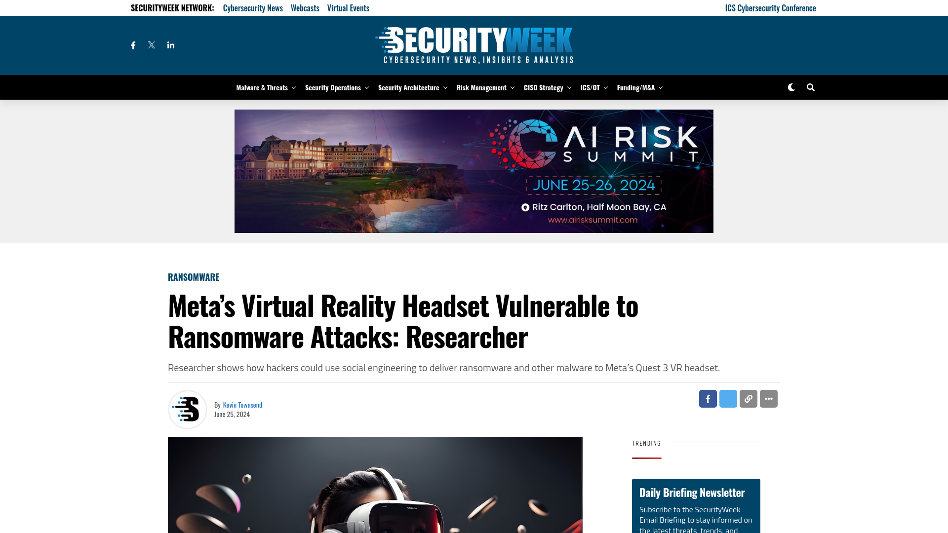 Meta's Virtual Reality Headset Vulnerable to Ransomware Attacks: Researcher - SecurityWeek