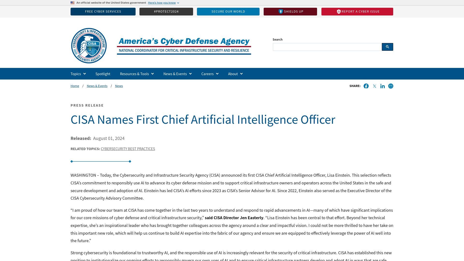 CISA Names First Chief Artificial Intelligence Officer | CISA