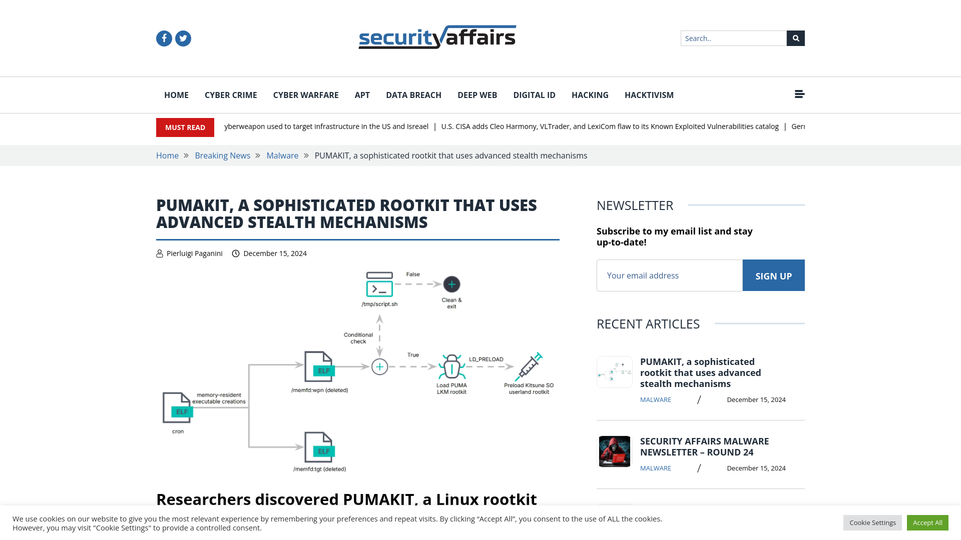 PUMAKIT, a sophisticated rootkit that uses advanced stealth mechanisms 