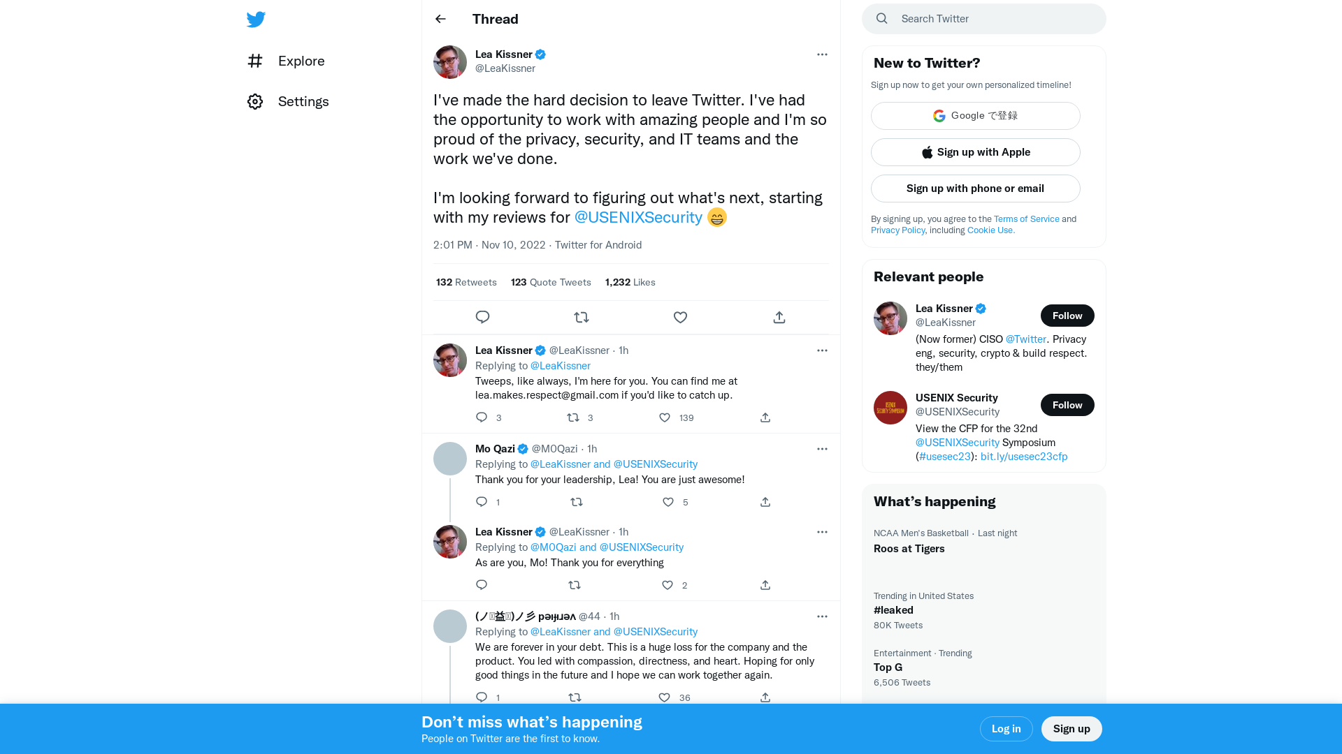 Lea Kissner on Twitter: "I've made the hard decision to leave Twitter. I've had the opportunity to work with amazing people and I'm so proud of the privacy, security, and IT teams and the work we've done. I'm looking forward to figuring out what's next, starting with my reviews for @USENIXSecurity 😁" / Twitter
