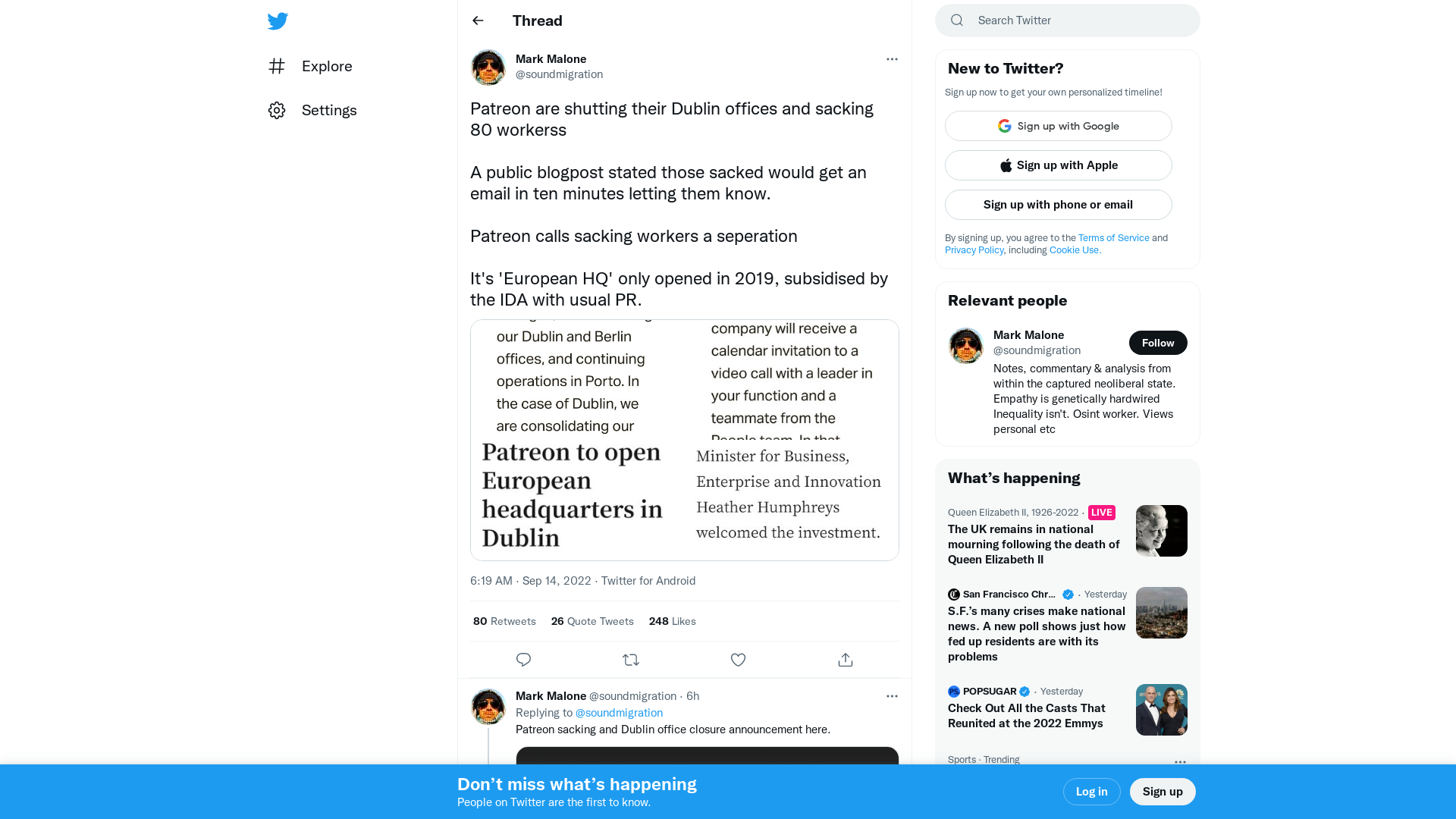 Mark Malone on Twitter: "Patreon are shutting their Dublin offices and sacking 80 workerss A public blogpost stated those sacked would get an email in ten minutes letting them know. Patreon calls sacking workers a seperation It's 'European HQ' only opened in 2019, subsidised by the IDA with usual PR. https://t.co/Efh6xY3Pby" / Twitter
