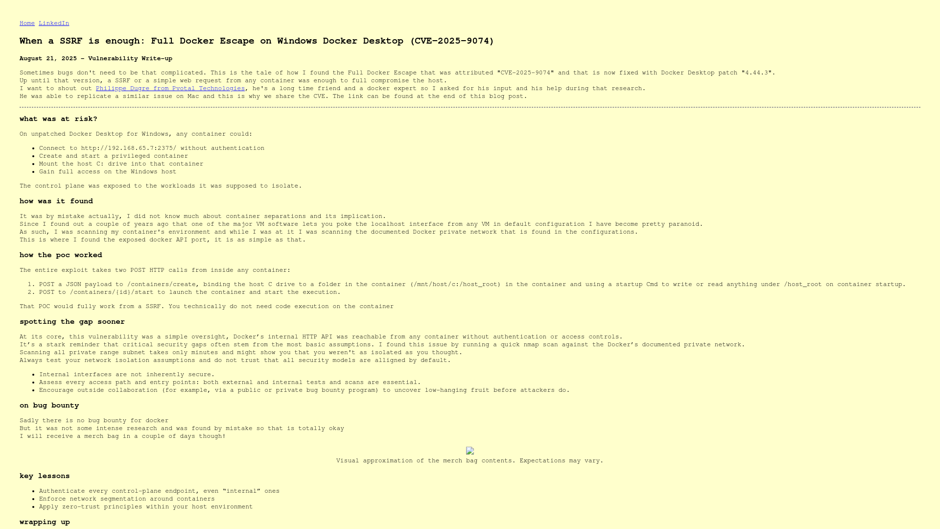 When a SSRF is enough: Full Docker Escape on Windows Docker Desktop (CVE-2025-9074)