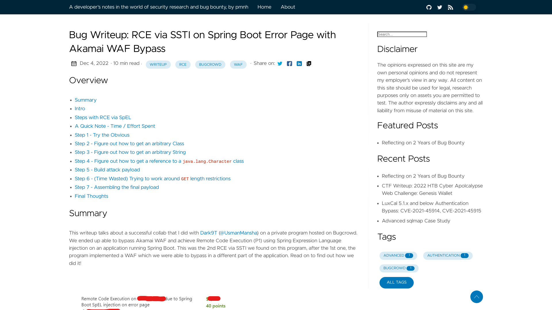 Bug Writeup: RCE via SSTI on Spring Boot Error Page with Akamai WAF Bypass | A developer's notes in the world of security research and bug bounty, by pmnh