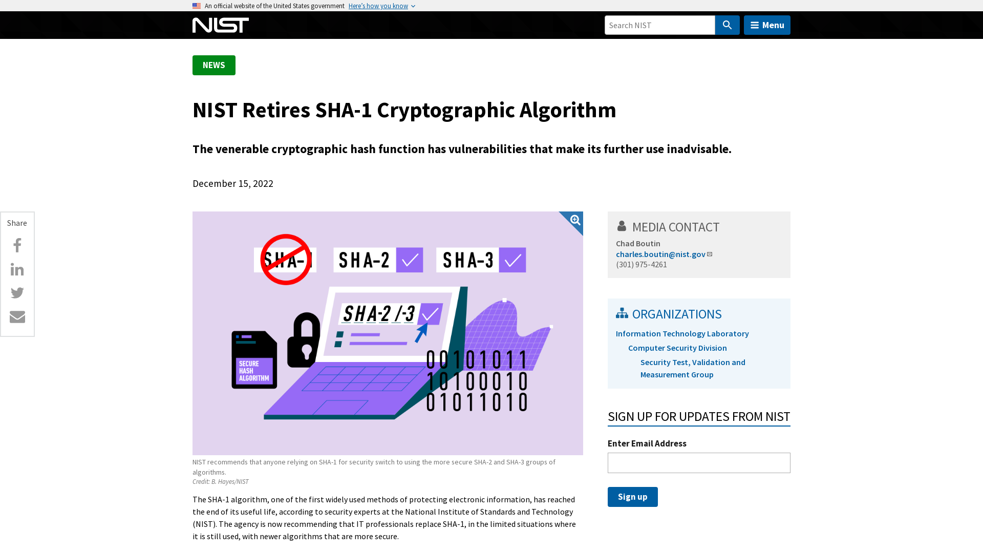 NIST Retires SHA-1 Cryptographic Algorithm | NIST