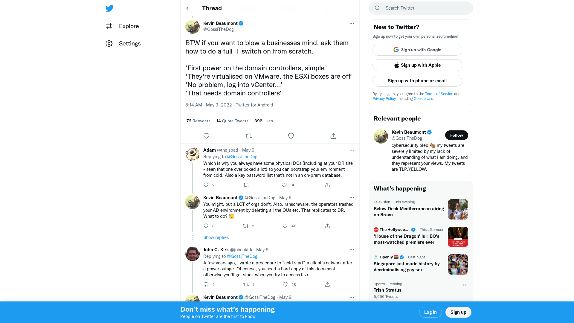 Kevin Beaumont on Twitter: "BTW if you want to blow a businesses mind, ask them how to do a full IT switch on from scratch. 'First power on the domain controllers, simple' 'They're virtualised on VMware, the ESXi boxes are off' 'No problem, log into vCenter...' 'That needs domain controllers'" / Twitter