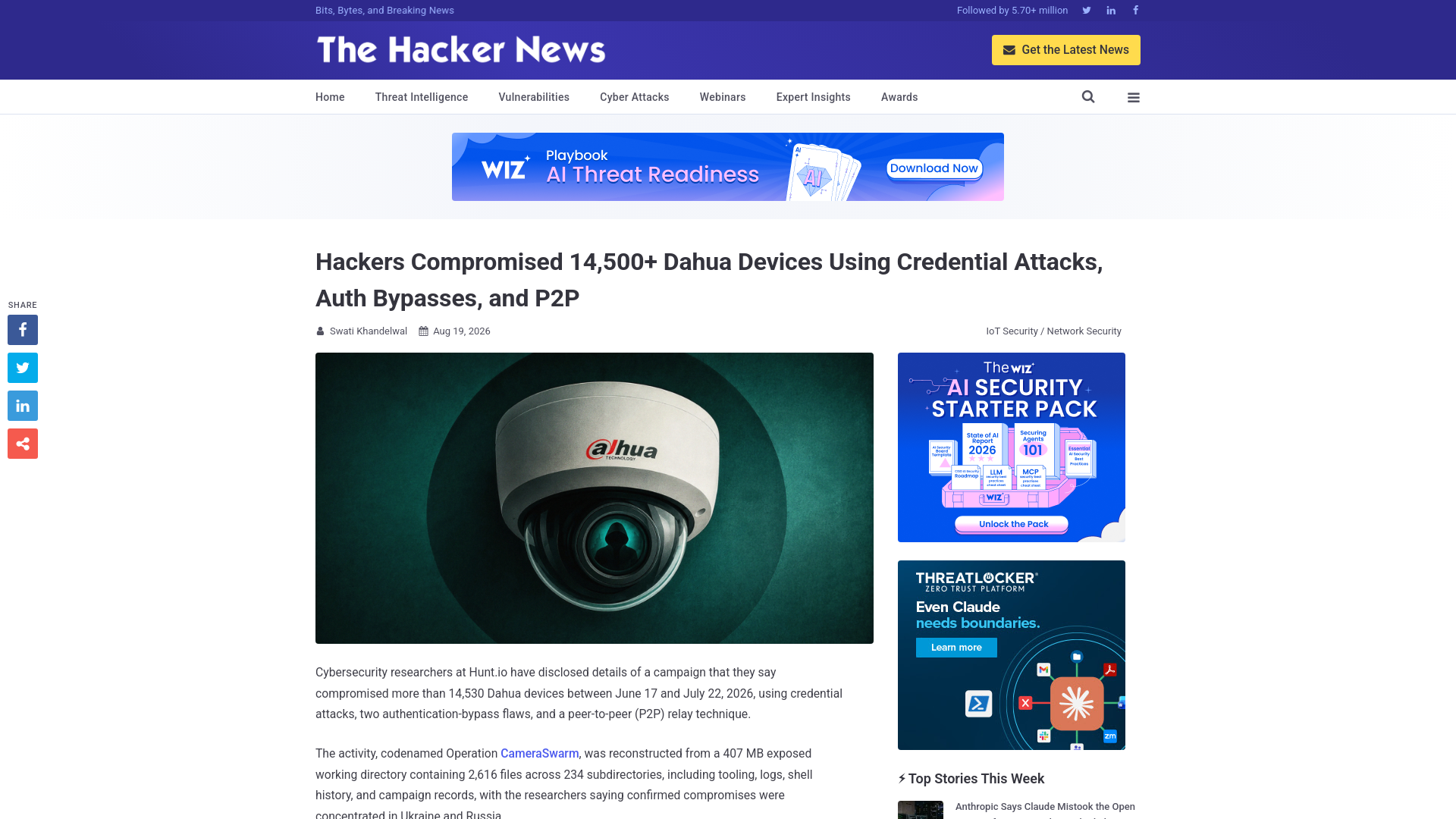Hackers Compromised 14,500+ Dahua Devices Using Credential Attacks, Auth Bypasses, and P2P
