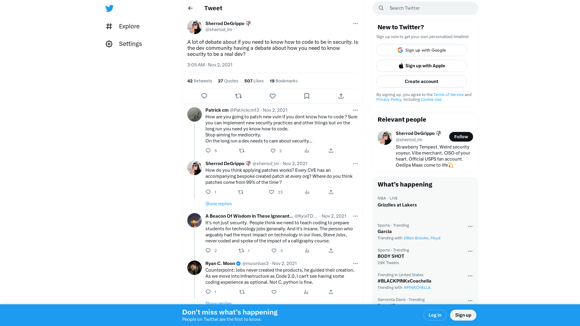 Sherrod DeGrippo 📬 on Twitter: "A lot of debate about if you need to know how to code to be in security. Is the dev community having a debate about how you need to know security to be a real dev?" / Twitter