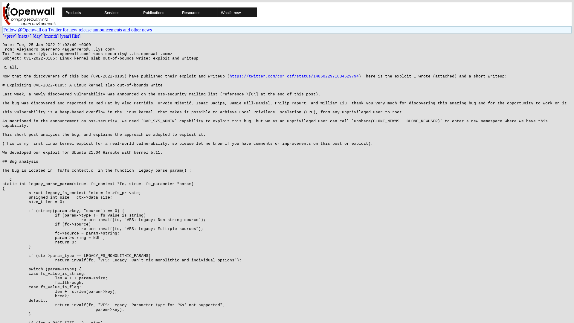 oss-security - CVE-2022-0185: Linux kernel slab out-of-bounds write: exploit and writeup