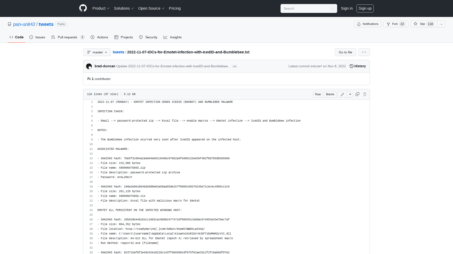 tweets/2022-11-07-IOCs-for-Emotet-infection-with-IcedID-and-Bumblebee.txt at master · pan-unit42/tweets · GitHub