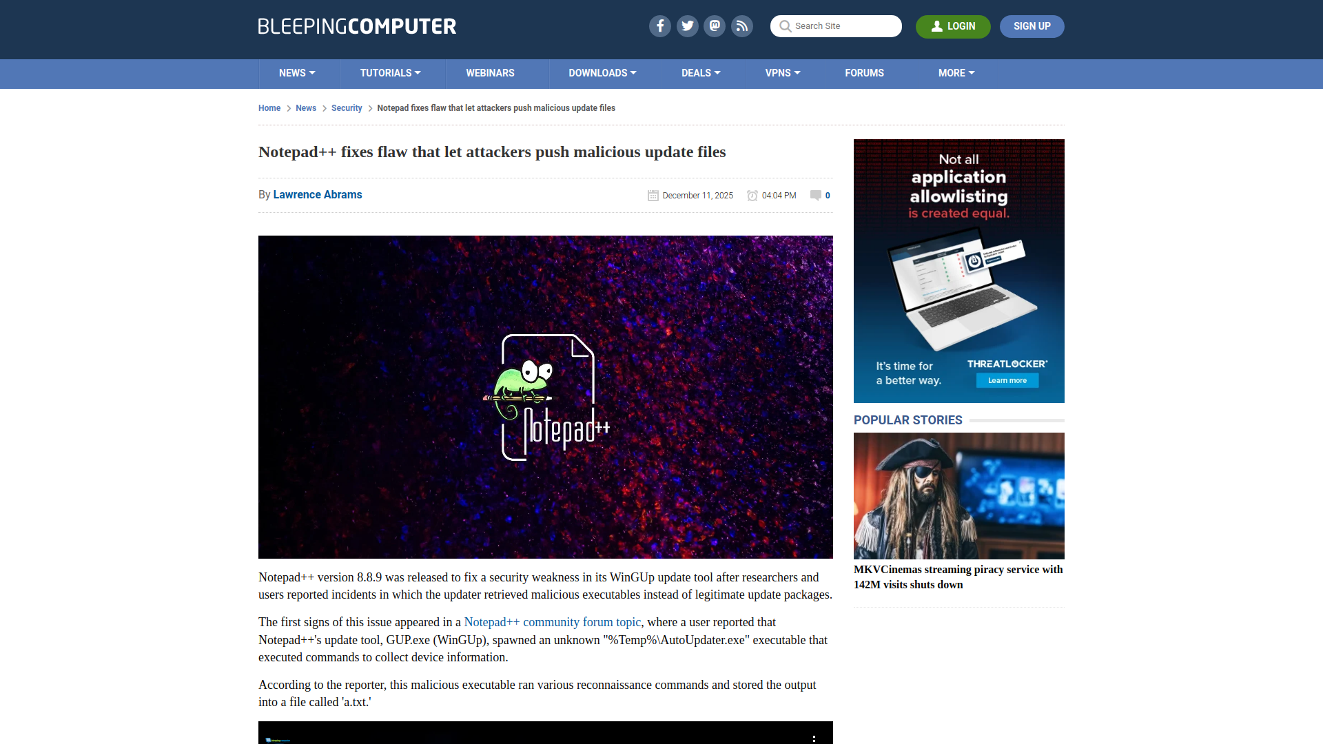 Notepad++ fixes flaw that let attackers push malicious update files