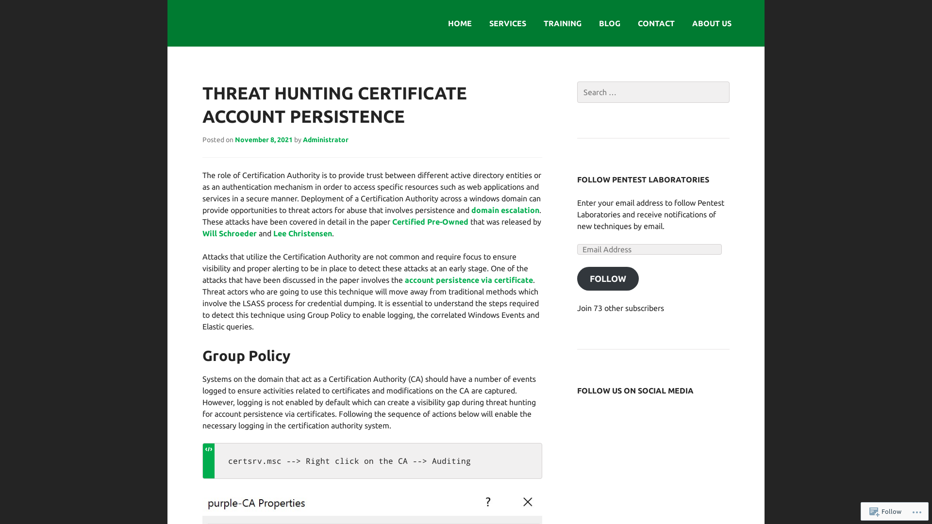 Threat Hunting Certificate Account Persistence | Pentest Laboratories