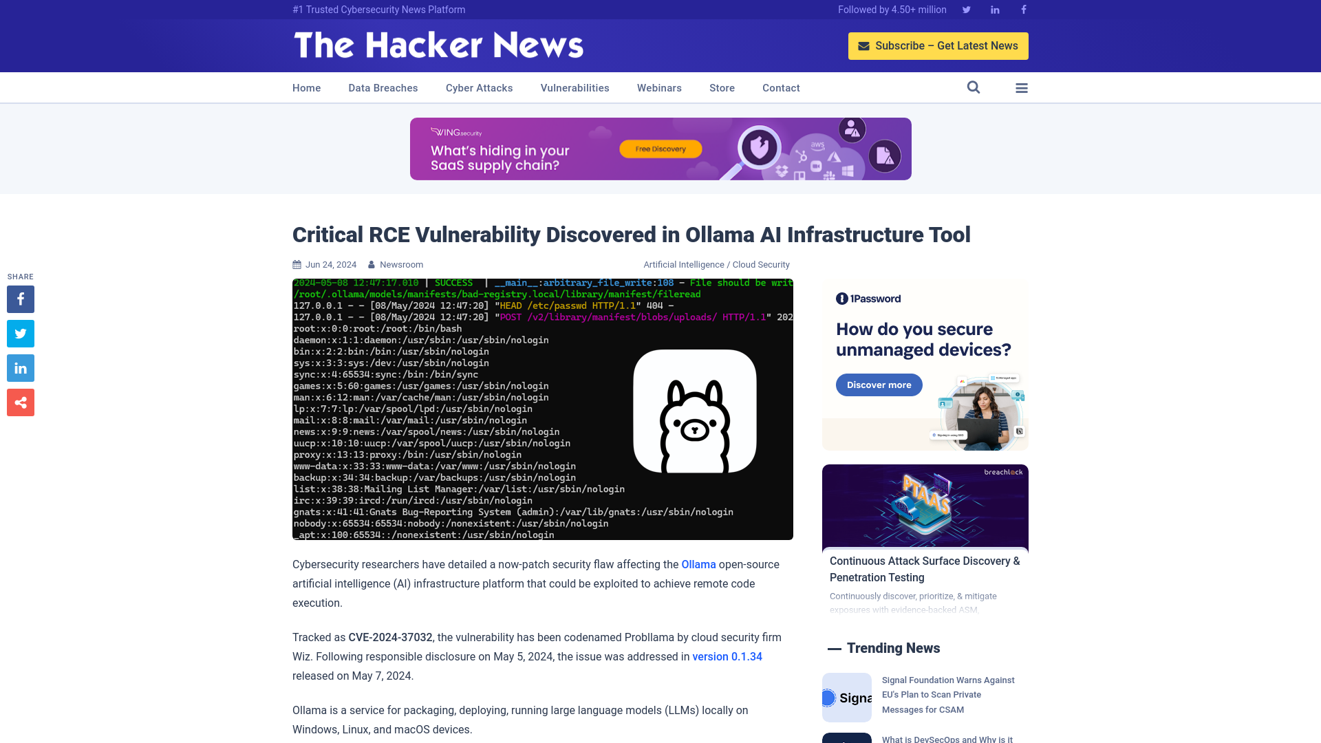 Critical RCE Vulnerability Discovered in Ollama AI Infrastructure Tool