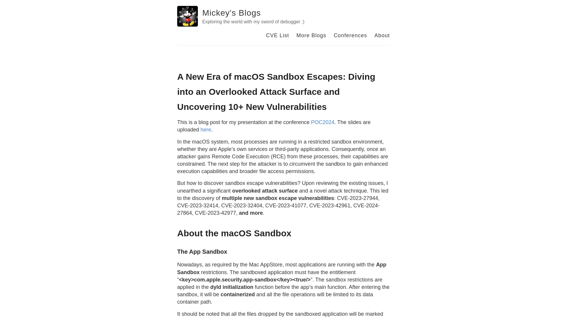 A New Era of macOS Sandbox Escapes: Diving into an Overlooked Attack Surface and Uncovering 10+ New Vulnerabilities – Mickey's Blogs – Exploring the world with my sword of debugger :)