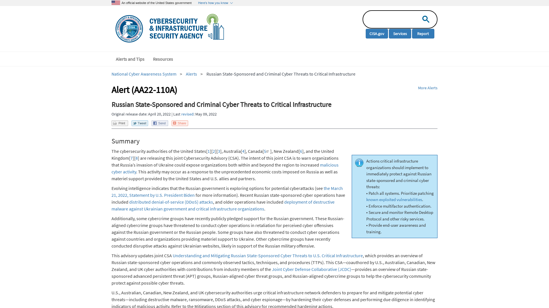 Russian State-Sponsored and Criminal Cyber Threats to Critical Infrastructure | CISA