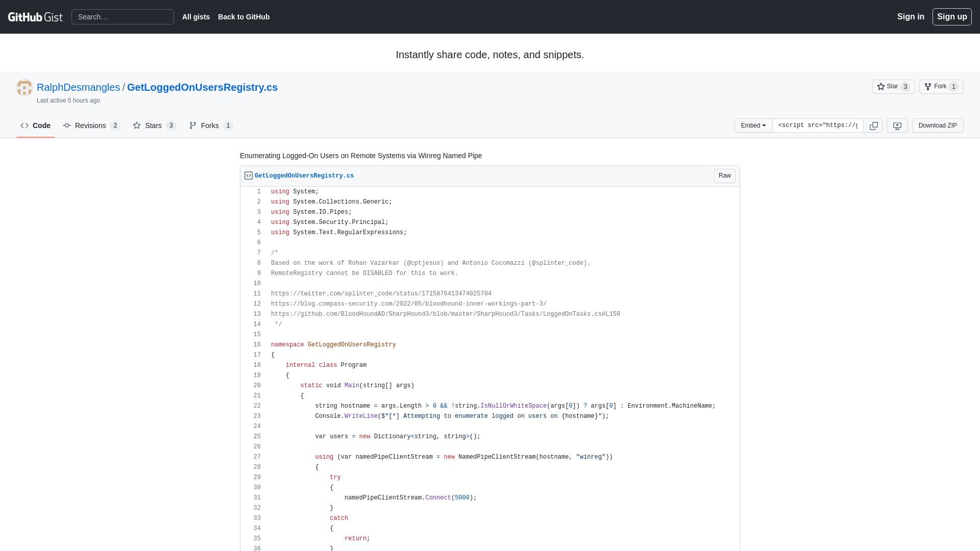 Enumerating Logged-On Users on Remote Systems via Winreg Named Pipe · GitHub