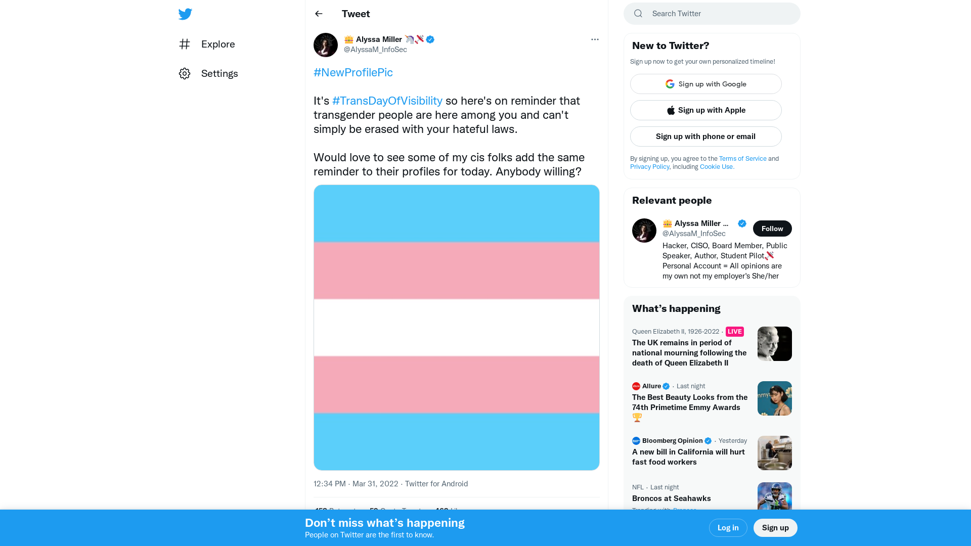 👑 Alyssa Miller 🦄🛩️ on Twitter: "#NewProfilePic It's #TransDayOfVisibility so here's on reminder that transgender people are here among you and can't simply be erased with your hateful laws. Would love to see some of my cis folks add the same reminder to their profiles for today. Anybody willing? https://t.co/SE1yXUF1HO" / Twitter