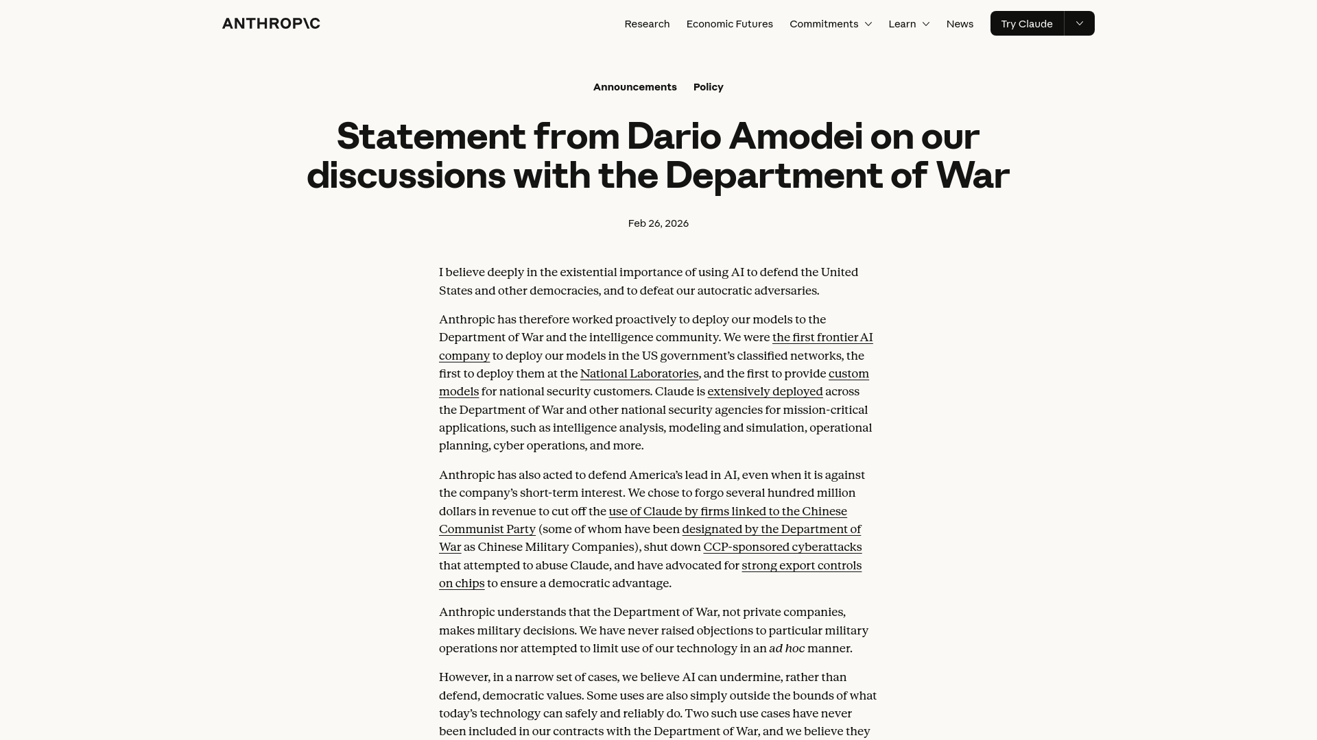 Statement from Dario Amodei on our discussions with the Department of War \ Anthropic