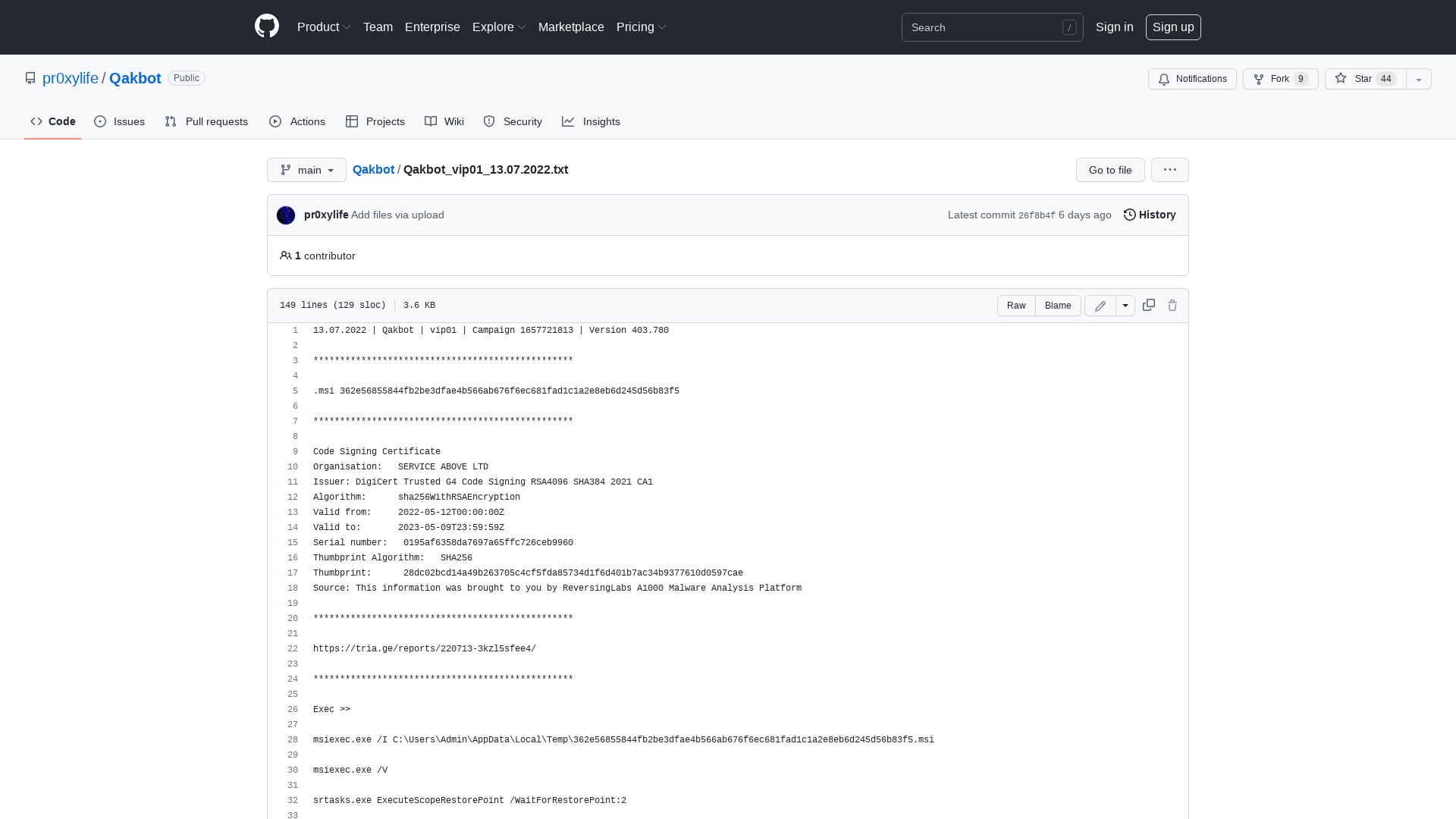 Qakbot/Qakbot_vip01_13.07.2022.txt at main · pr0xylife/Qakbot · GitHub