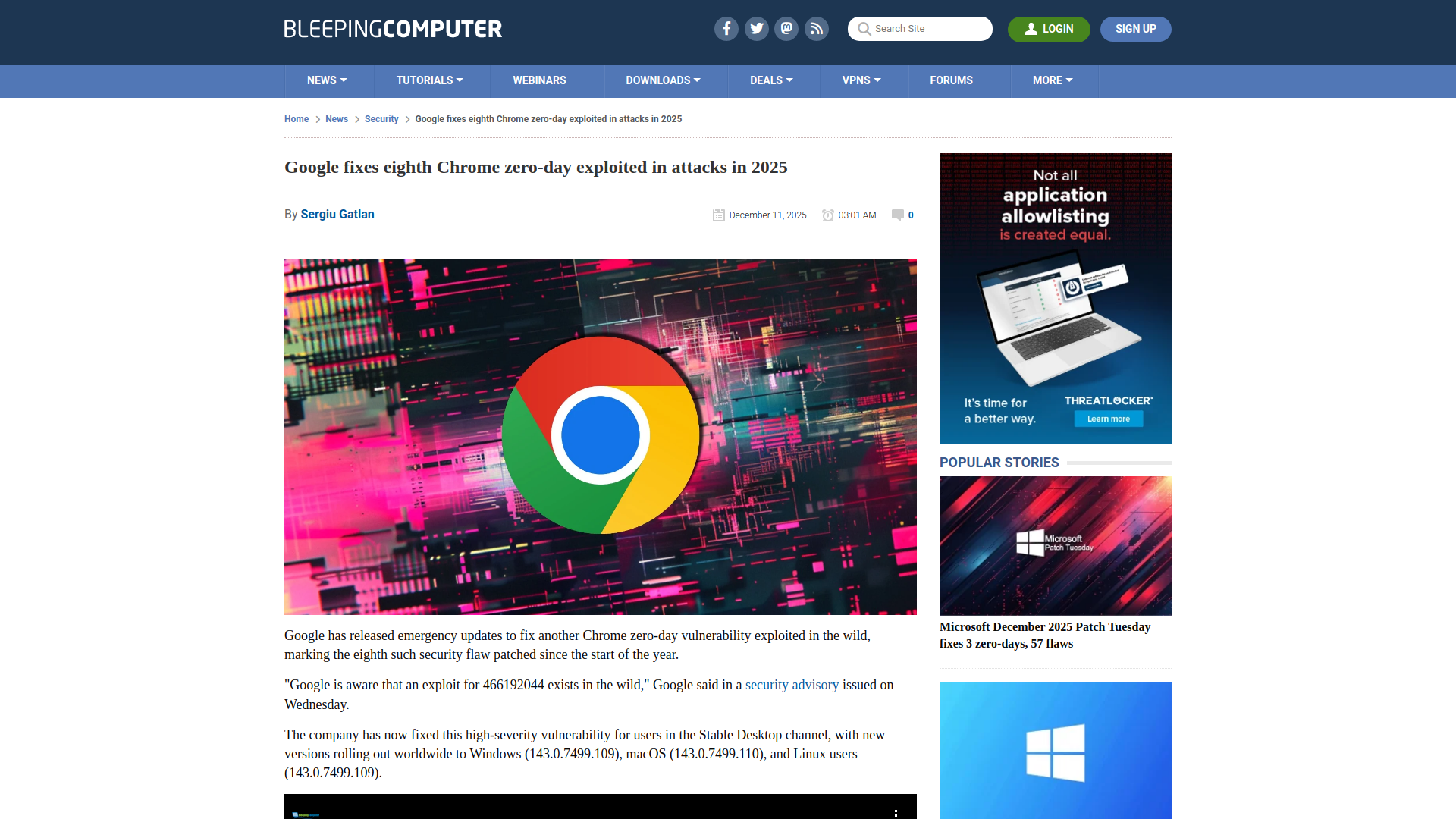 Google fixes eighth Chrome zero-day exploited in attacks in 2025