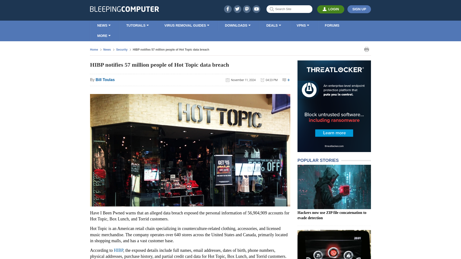 HIBP notifies 57 million people of Hot Topic data breach