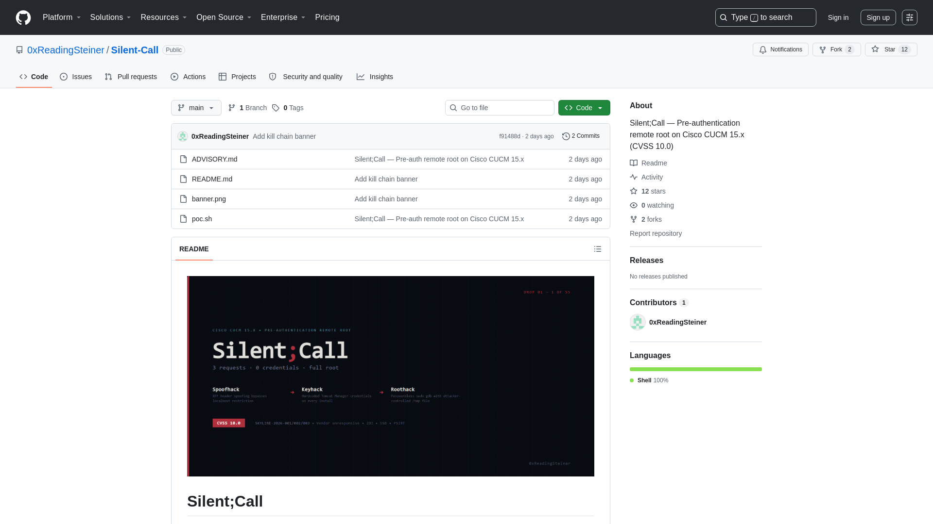 GitHub - 0xReadingSteiner/Silent-Call: Silent;Call — Pre-authentication remote root on Cisco CUCM 15.x (CVSS 10.0) · GitHub