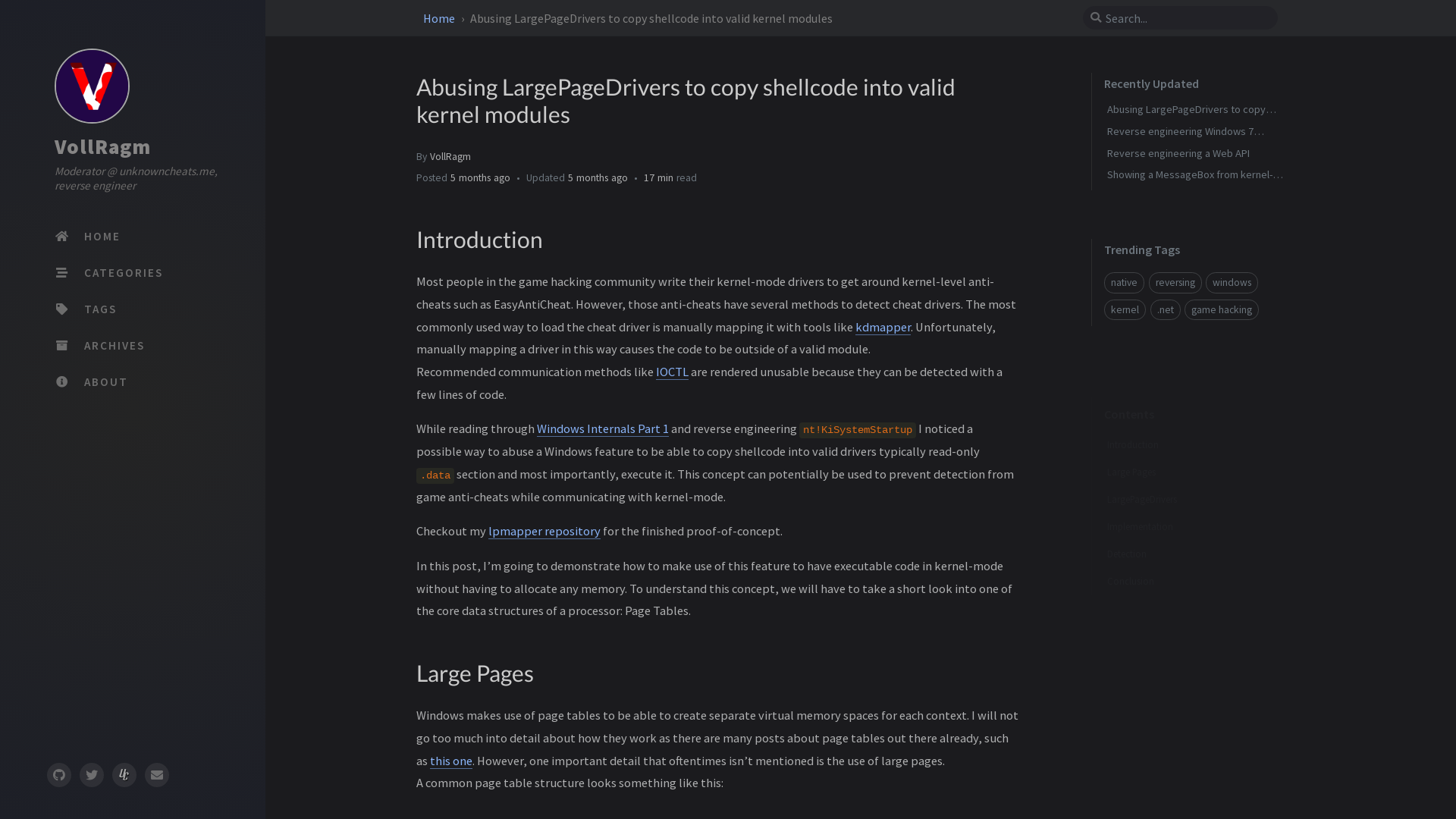 Abusing LargePageDrivers to copy shellcode into valid kernel modules | VollRagm