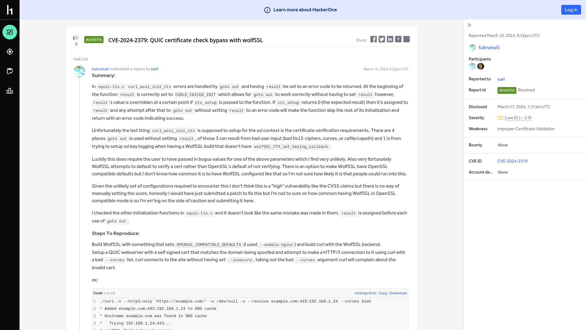 curl | Report #2410774 - CVE-2024-2379: QUIC certificate check bypass with wolfSSL | HackerOne