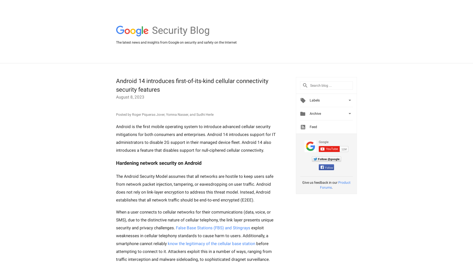 Google Online Security Blog: Android 14 introduces first-of-its-kind cellular connectivity security features