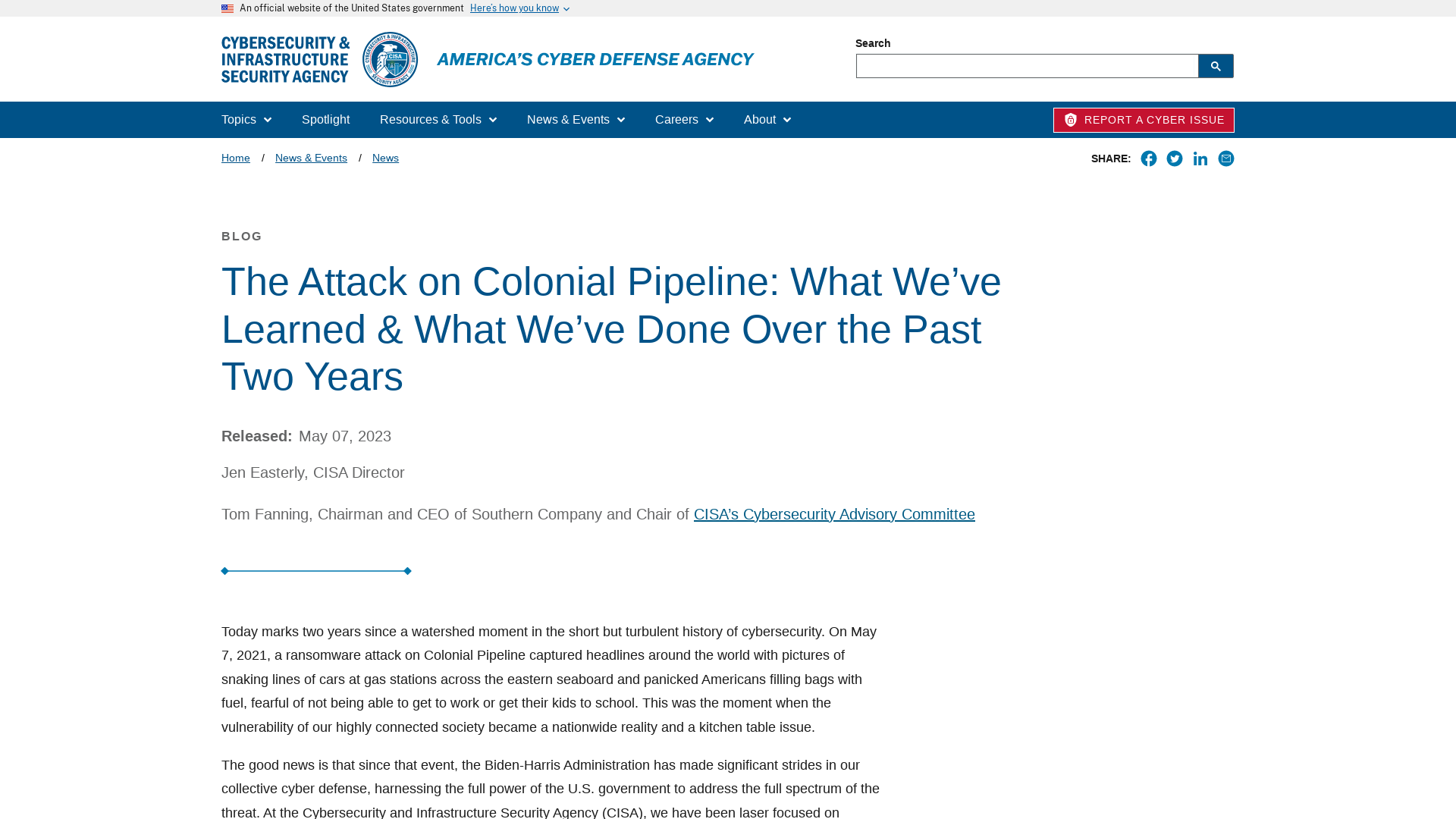 The Attack on Colonial Pipeline: What We’ve Learned & What We’ve Done Over the Past Two Years | CISA