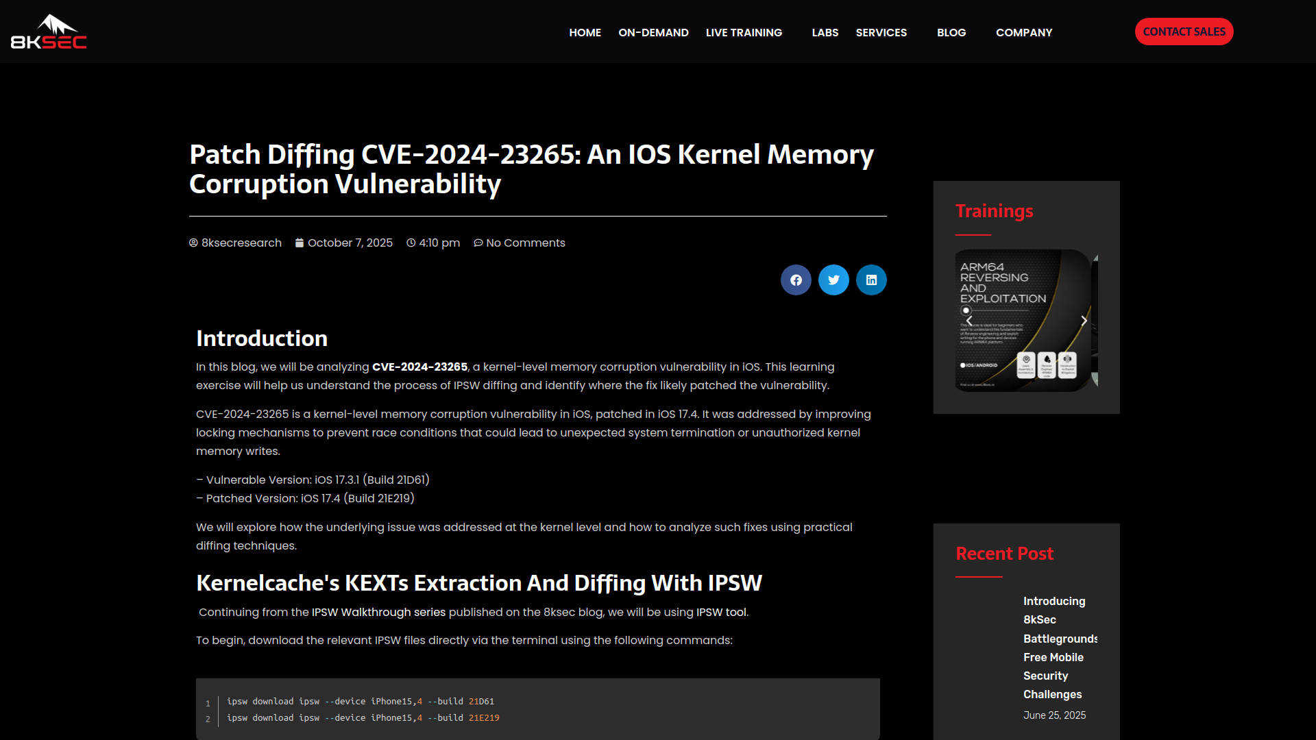 Patch Diffing CVE-2024-23265: An iOS Kernel Memory Corruption Vulnerability - 8kSec