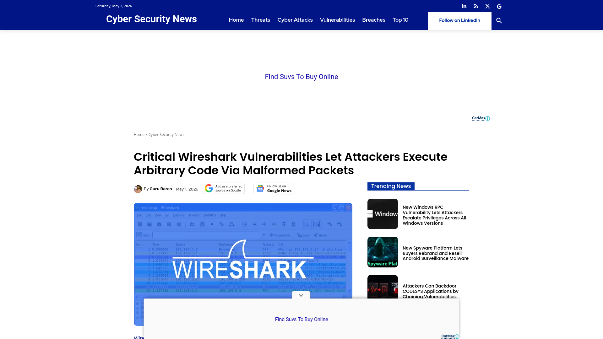 Critical Wireshark Vulnerabilities Let Attackers Execute Arbitrary Code Via Malformed Packets