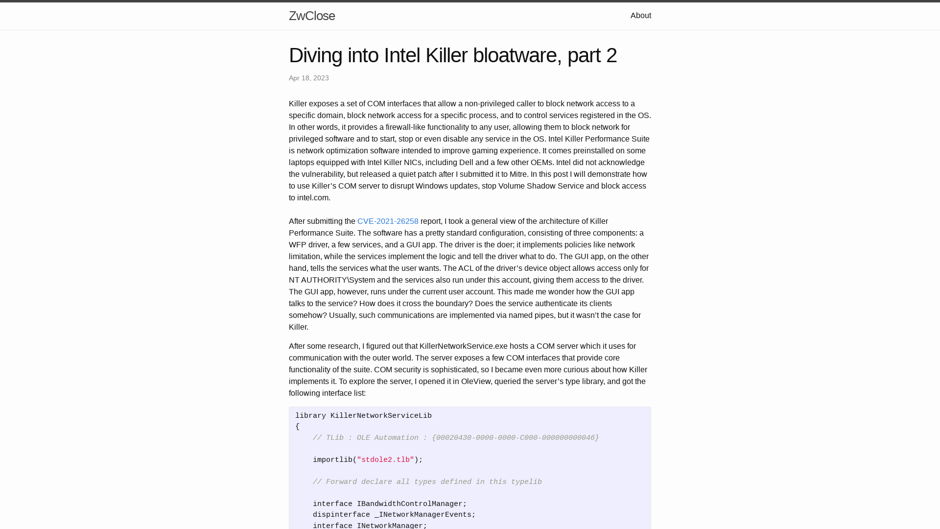 Diving into Intel Killer bloatware, part 2 | ZwClose